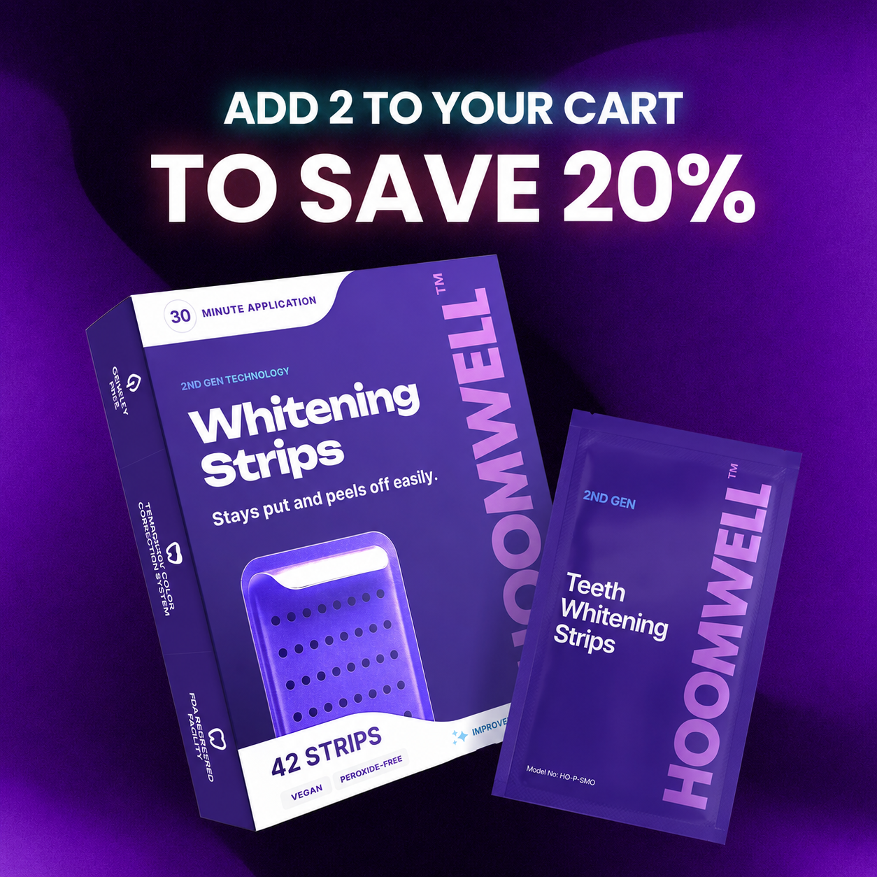HOOMWELL™ Purple Teeth Whitening Strips - 7/21 Whitening Sessions - Non Sensitive Teeth Whitening - Peroxide-Free