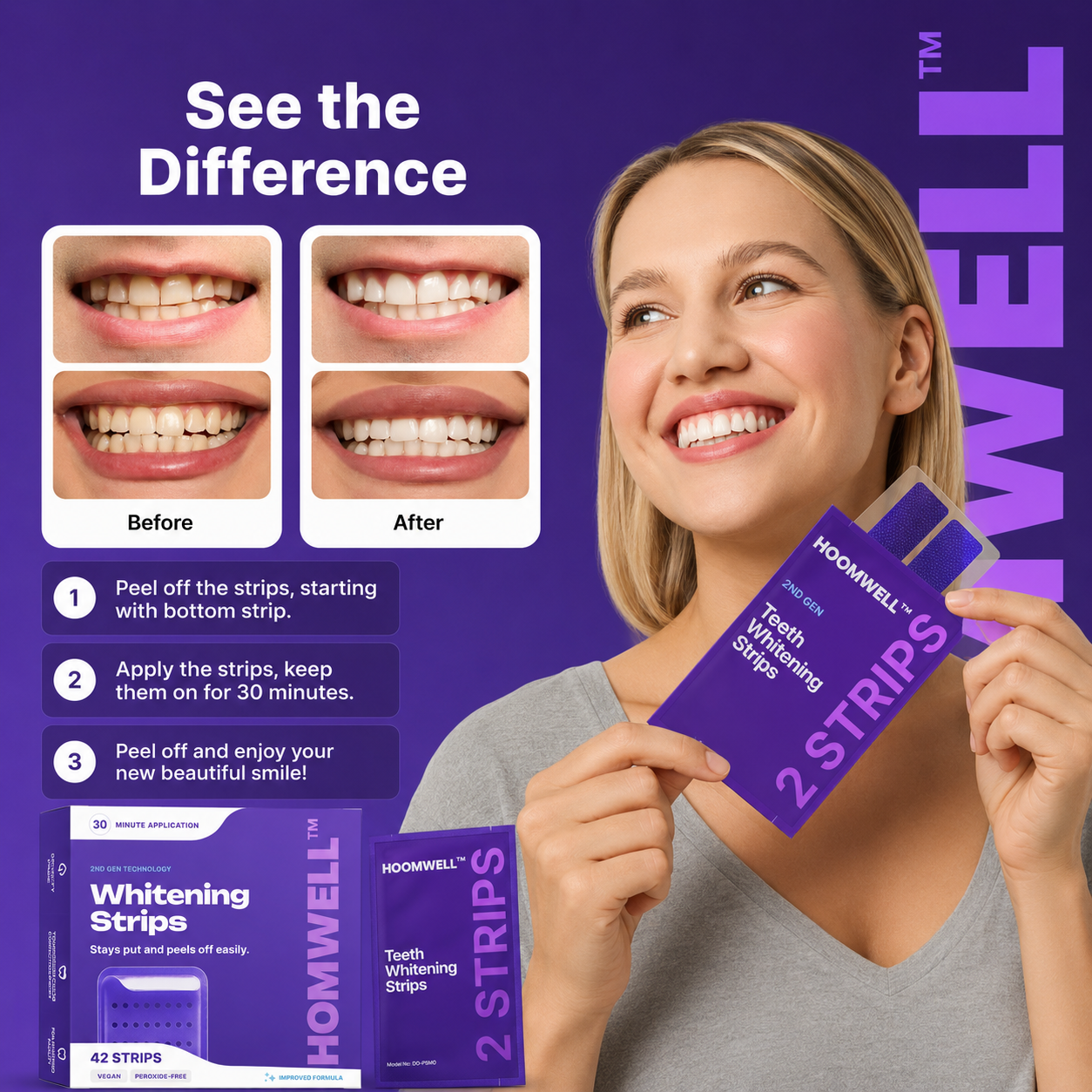 HOOMWELL™ Purple Teeth Whitening Strips - 7/21 Whitening Sessions - Non Sensitive Teeth Whitening - Peroxide-Free